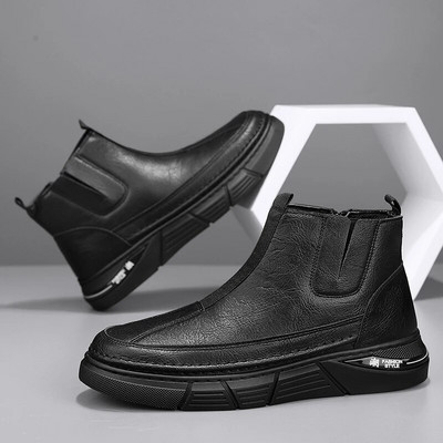 Vīriešu apavi ar augstu augšdaļu Ikdienas Chelsea zābaki, elpojoši uzvelkami ādas Oxford Martin āra darba un drošības zābaki ar rāvējslēdzēju