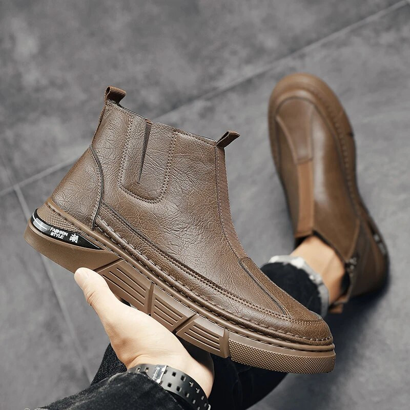 Vīriešu apavi ar augstu augšdaļu Ikdienas Chelsea zābaki, elpojoši uzvelkami ādas Oxford Martin āra darba un drošības zābaki ar rāvējslēdzēju
