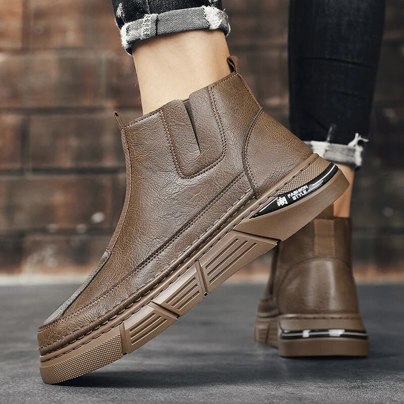 Vīriešu apavi ar augstu augšdaļu Ikdienas Chelsea zābaki, elpojoši uzvelkami ādas Oxford Martin āra darba un drošības zābaki ar rāvējslēdzēju