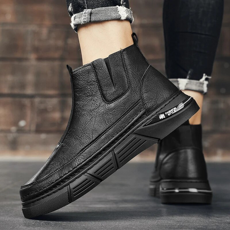 Vīriešu apavi ar augstu augšdaļu Ikdienas Chelsea zābaki, elpojoši uzvelkami ādas Oxford Martin āra darba un drošības zābaki ar rāvējslēdzēju