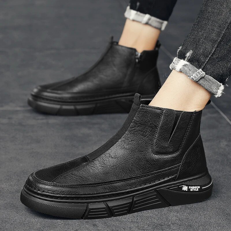 Vīriešu apavi ar augstu augšdaļu Ikdienas Chelsea zābaki, elpojoši uzvelkami ādas Oxford Martin āra darba un drošības zābaki ar rāvējslēdzēju