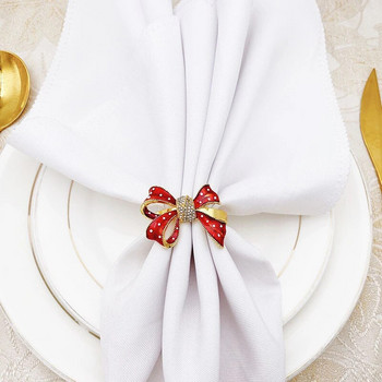 Коледни пръстени за салфетки с червен лък Катарама с диамантена украса за маса Коледна златна поставка за салфетки Декорация на маса за празнично парти