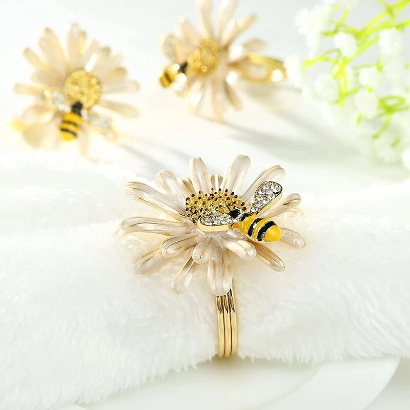 HGHO komplekts ar 6 margrietiņu saulespuķu salvešu gredzeniem zelta bišu salvešu gredzenu turētājiem formāliem vai ikdienas pusdienu galda dekoriem