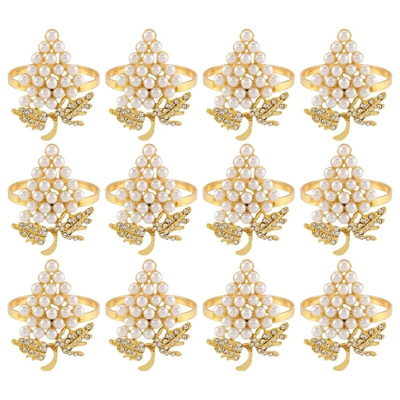 12 gab Pērļu salvešu gredzeni Zelta vīnogu formas salvešu sprādzes turētājs Salvešu turētāji Kāzu ballīšu galda dekori salvešu sprādzes