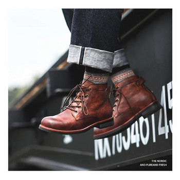 Плюс размер 48 Черни мотоциклетни ботуши Американски ежедневни кожени обувки Мъжки ретро работни обувки в британски стил Мъжки ботуши с голяма глава с връзки до глезена
