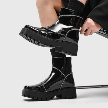 Готически пънк ботуши на платформа Мъжки мотоциклетни ботуши с дизайн на цип Мъжки кожени ботуши с приплъзване до глезена Ежедневни обувки с квадратни пръсти