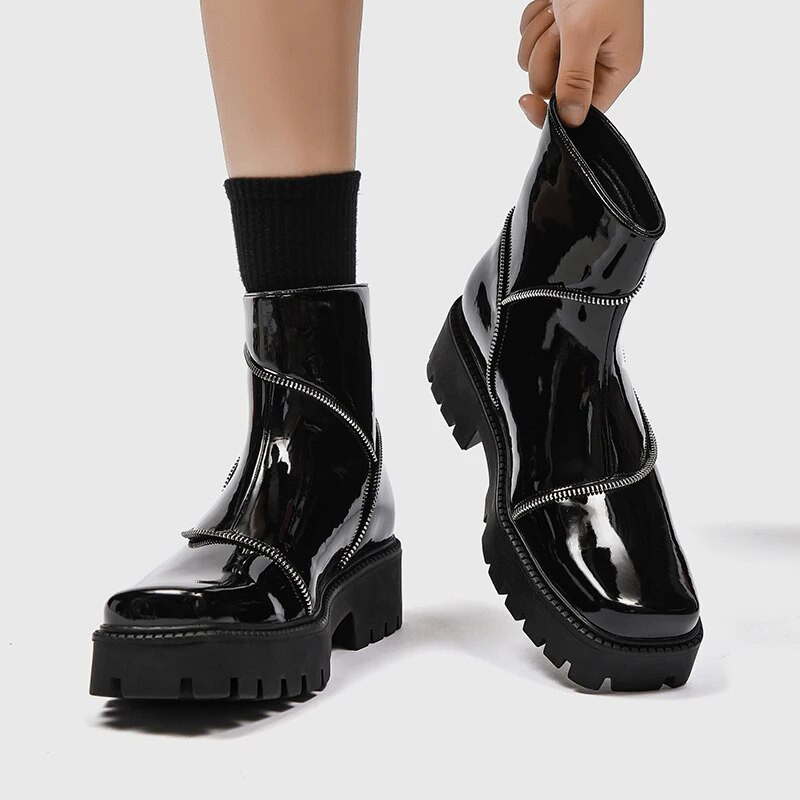 Goth Punk Platform Boots Ανδρικά με φερμουάρ Μπότες μοτοσικλέτας Ανδρικά σπαστά δερμάτινα slip on αστράγαλο Boots Square Toe Casual παπούτσια