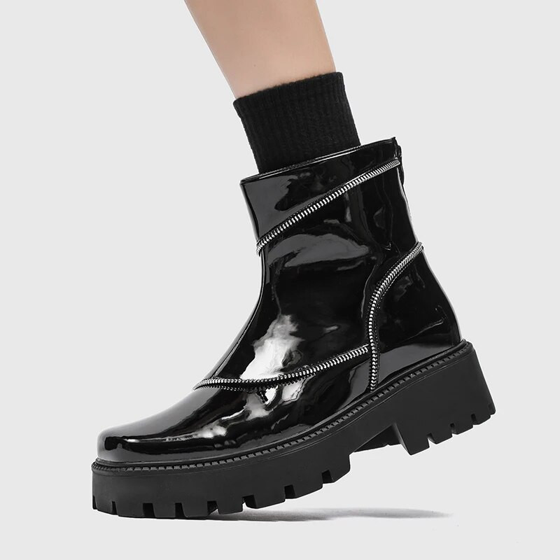 Goth Punk Platform Boots Ανδρικά με φερμουάρ Μπότες μοτοσικλέτας Ανδρικά σπαστά δερμάτινα slip on αστράγαλο Boots Square Toe Casual παπούτσια