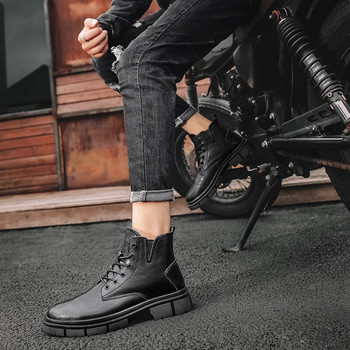 Мъжки модни ботуши от кожа 2023 Нови есенно-зимни боти до глезена Мъжки британски пънк високи обувки Мотоциклетни ботуши на платформа