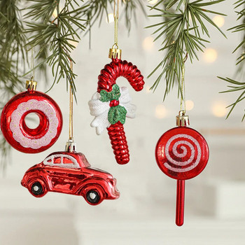 2 бр. Червена коледна кола, бонбони, понички, орнаменти, коледно дърво, бастун, висящи висулки, декорации за коледно парти, новогодишен подарък Navidad