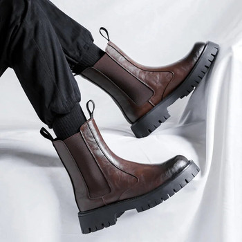 Ανδρικά σπαστά δερμάτινα μποτάκια αρσενικά Slip On Chelsea Boots Casual μπότες μοτοσυκλέτας με χοντρό τακούνι Fashion Streetwear