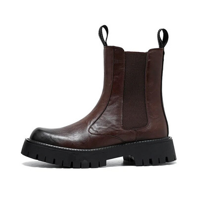 Vīriešu šķeltas ādas puszābaki Vīriešu slīdošie Chelsea zābaki Ikdienas kupli papēža motocikla zābaki Modes ielas apģērbs