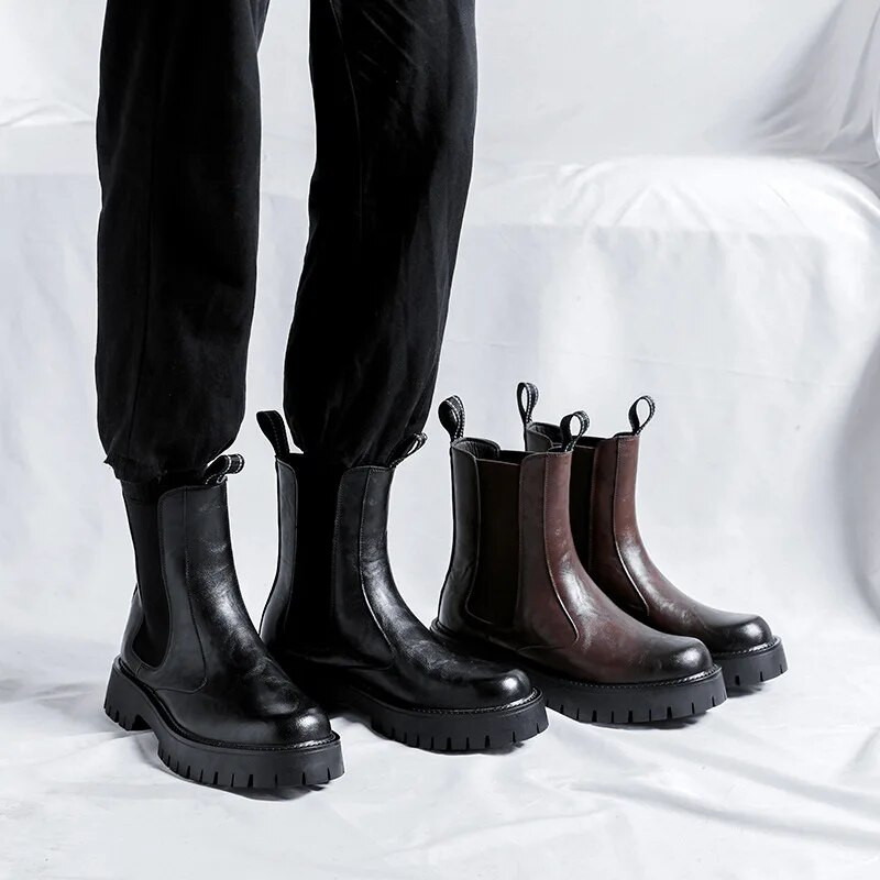 Vīriešu šķeltas ādas puszābaki Vīriešu slīdošie Chelsea zābaki Ikdienas kupli papēža motocikla zābaki Modes ielas apģērbs