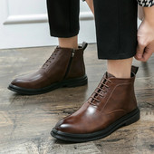 Luksusa dizaineru jauni ziemas vīriešu smailie melni brūni ādas apavi ar augstiem topi vīriešiem, oficiālam biznesam Chelsea puszābaki