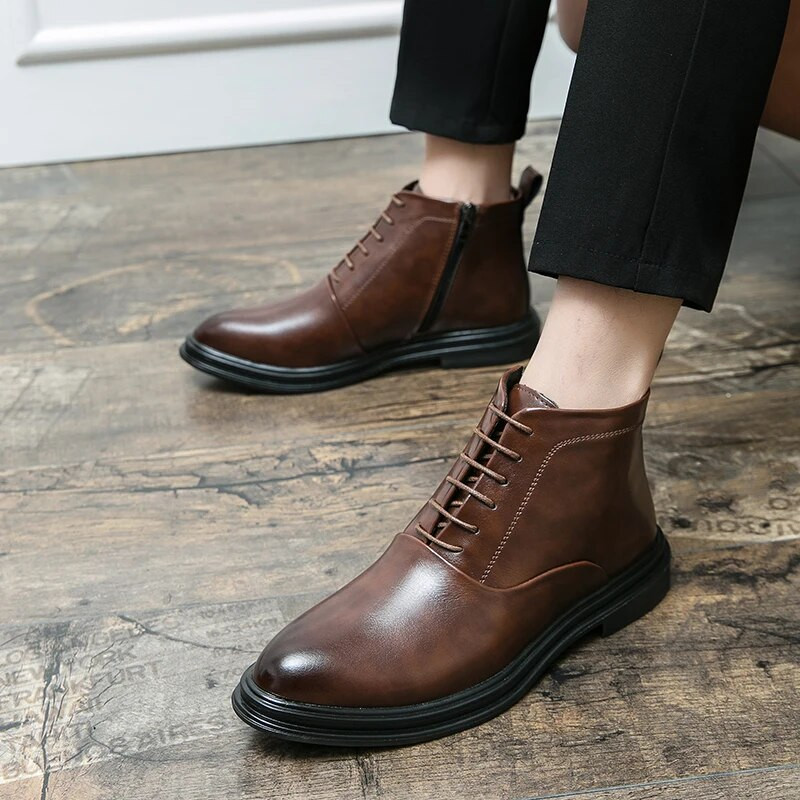 Luksusa dizaineru jauni ziemas vīriešu smailie melni brūni ādas apavi ar augstiem topi vīriešiem, oficiālam biznesam Chelsea puszābaki