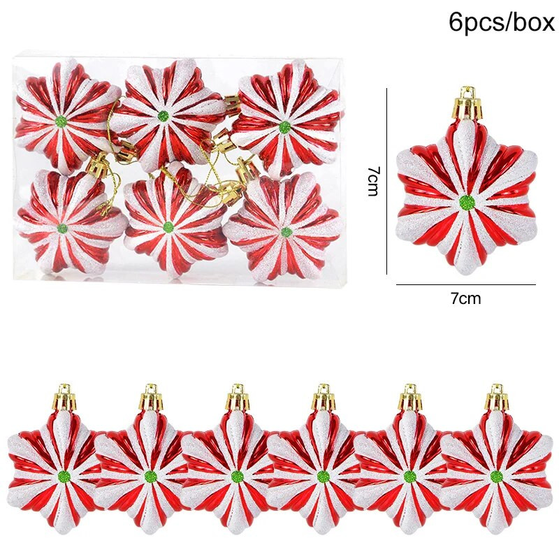 6gab./kastē Ziemassvētku eglītes kulons Red Star Candy Snowflake Ziemassvētku balles rotājums Jaunais gads 2024 Mājas dekorēšana Noel Gift Navidad 2023