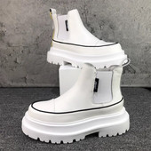 Modes vīriešu zābaki ar platformu, melni balti slīdņi uz Chelsea zābaki vīriešiem augstas augšdaļas ādas ikdienas apavi ar biezu zoli