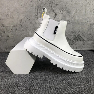 Modes vīriešu zābaki ar platformu, melni balti slīdņi uz Chelsea zābaki vīriešiem augstas augšdaļas ādas ikdienas apavi ar biezu zoli