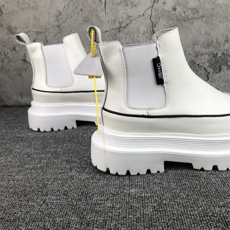 Modes vīriešu zābaki ar platformu, melni balti slīdņi uz Chelsea zābaki vīriešiem augstas augšdaļas ādas ikdienas apavi ar biezu zoli