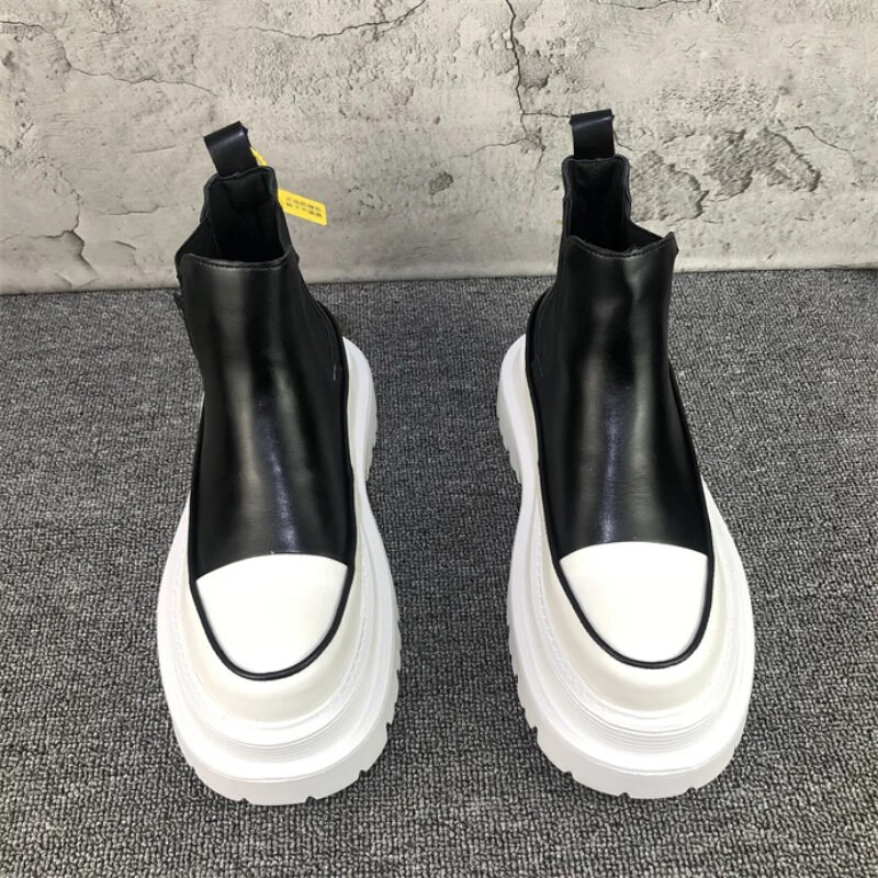 Modes vīriešu zābaki ar platformu, melni balti slīdņi uz Chelsea zābaki vīriešiem augstas augšdaļas ādas ikdienas apavi ar biezu zoli