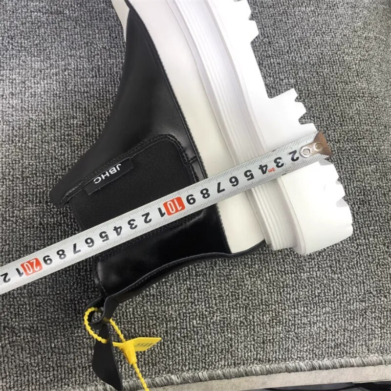 Modes vīriešu zābaki ar platformu, melni balti slīdņi uz Chelsea zābaki vīriešiem augstas augšdaļas ādas ikdienas apavi ar biezu zoli