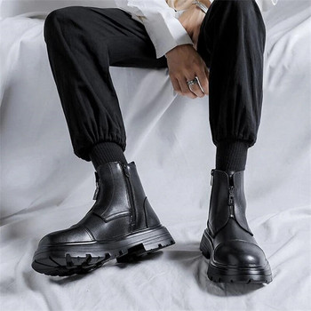 Мъжки предни ботуши с цип до глезена Ежедневни кожени ботуши с платформа Мъжки улични ботуши в пънк стил Мотоциклетни ботуши