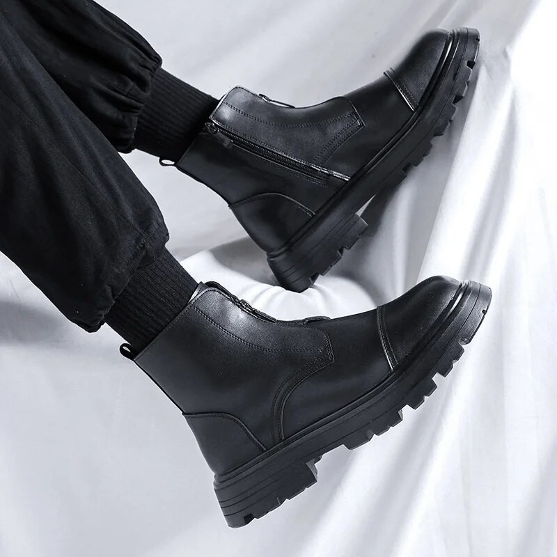 Vīriešu priekšējie puszābaki ar rāvējslēdzēju, ikdienas šķeltas ādas platformas zābaki, vīriešu ielas apģērbi, panka stila motociklu zābaki