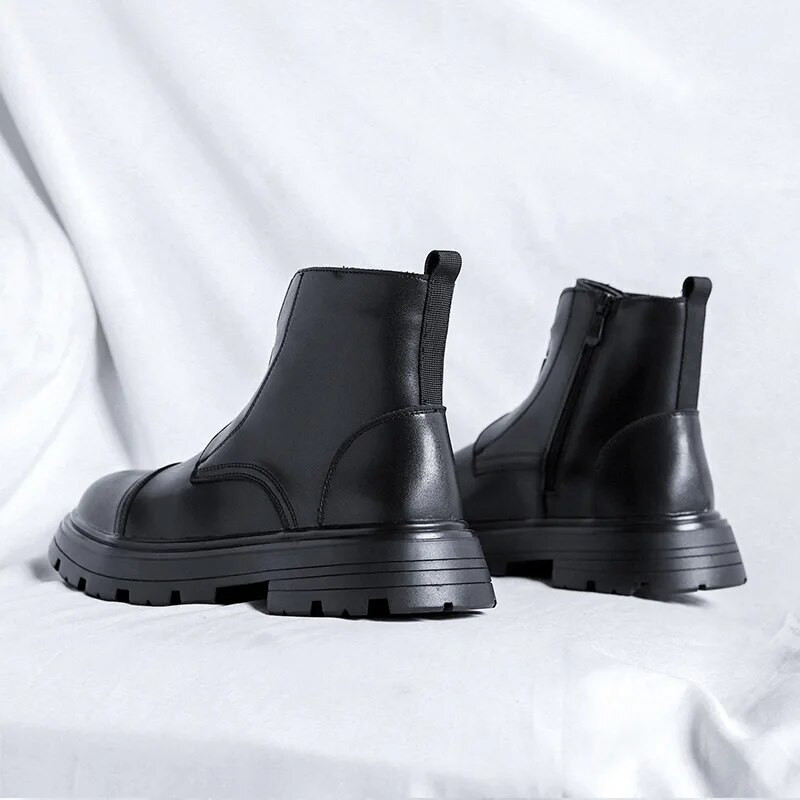 Vīriešu priekšējie puszābaki ar rāvējslēdzēju, ikdienas šķeltas ādas platformas zābaki, vīriešu ielas apģērbi, panka stila motociklu zābaki