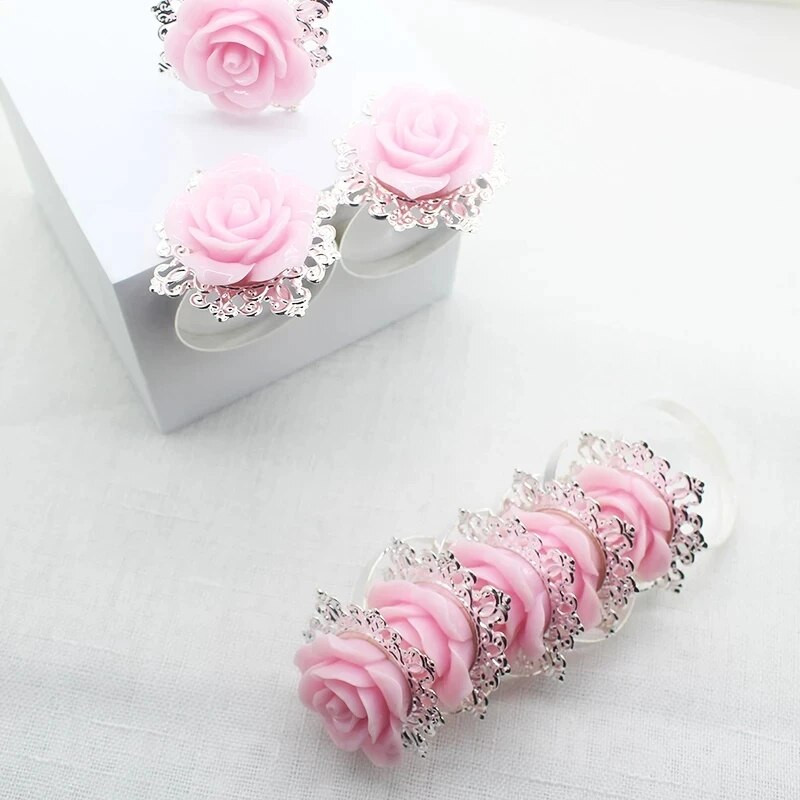 6db/10db Rózsa szalvéta gyűrű székcsat Születésnapi parti asztaldísz Esküvői ajándékok Karácsonyi vacsoraasztal szalvétatartók