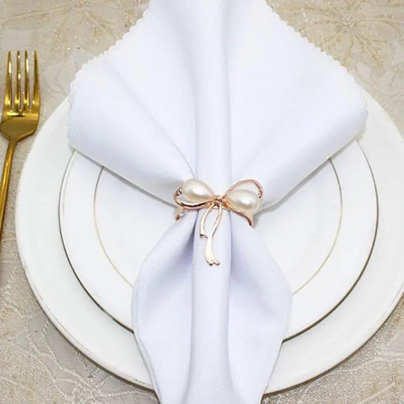 Pērļu salvešu gredzeni kāzu turētājs krelles salvešu turētājs loka mezgla forma salvete sprādze Ēdamistabas galda dekorēšana salvešu turētāji