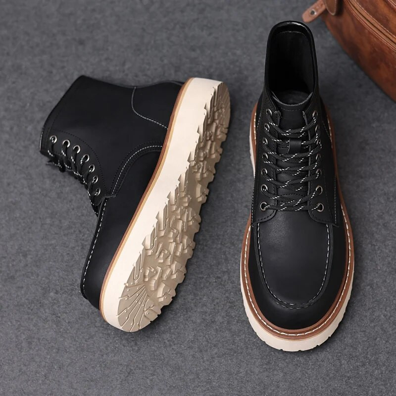 Augstākās ādas apavi vīriešiem Augstas kvalitātes motokrosa zābaki Universālie luksusa zīmola Vīriešu puszābaki, apavi ar biezu apakšu