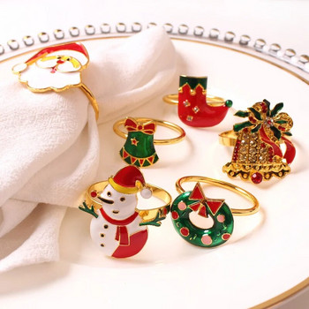 6PCS Коледни пръстени за салфетки Коледно дърво венец Снежинка Държач за салфетки Метален плат за елени Пръстен за сватба Декорация на маса за дома
