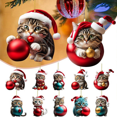 Сладка 2D котка Коледна топка Акрилни висулки Орнаменти Орнаменти за коледно дърво Коледни декорации Висящи подаръци за дома Navidad