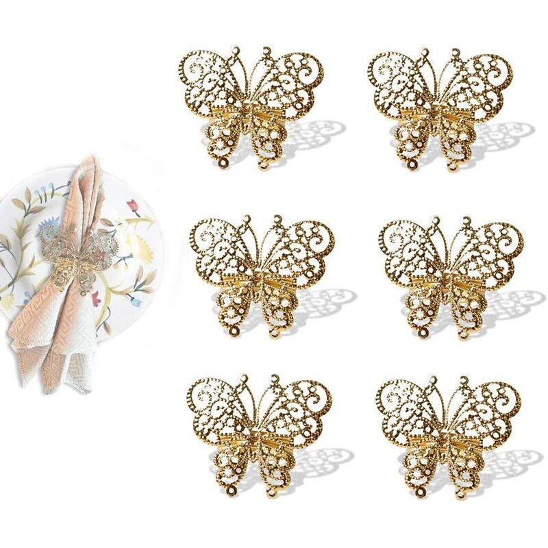 6 gab Butterfly salvešu gredzens, salvešu gredzenu turētāji kāzu brīvdienām Valentīndienas Ziemassvētku ballītes vakariņu galda dekorēšanai