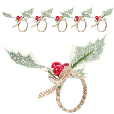 Коледни пръстени за салфетки Симулирани зелени листа Бери Катарами за салфетки Държач Коледно парти Декорация на маса Navidad