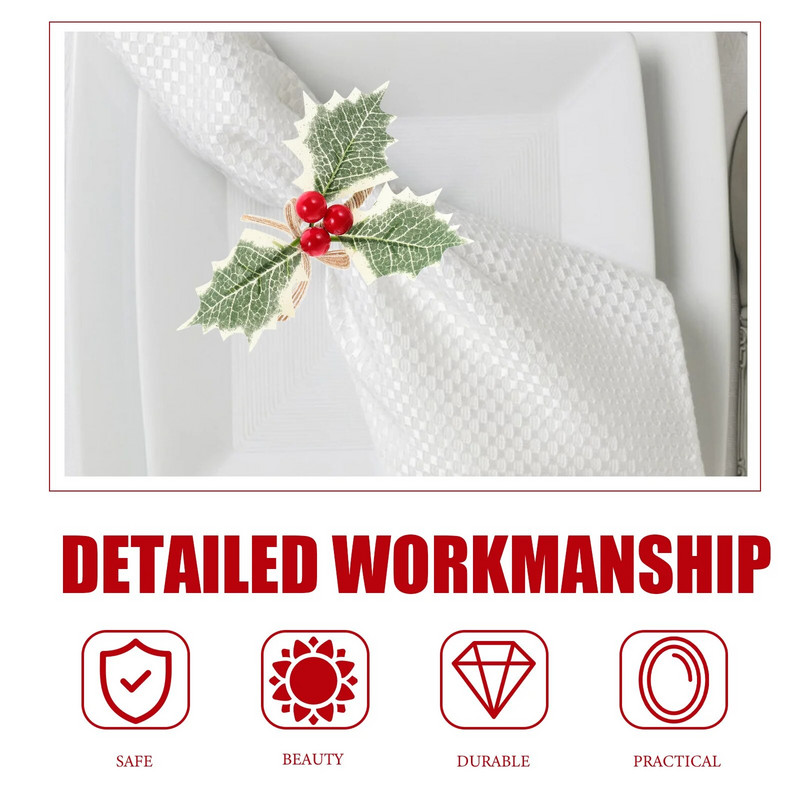 Ziemassvētku salvešu gredzeni, imitēti zaļās lapas, ogu salvešu sprādzes, turētājs Ziemassvētku ballīšu galda noformējums Navidad