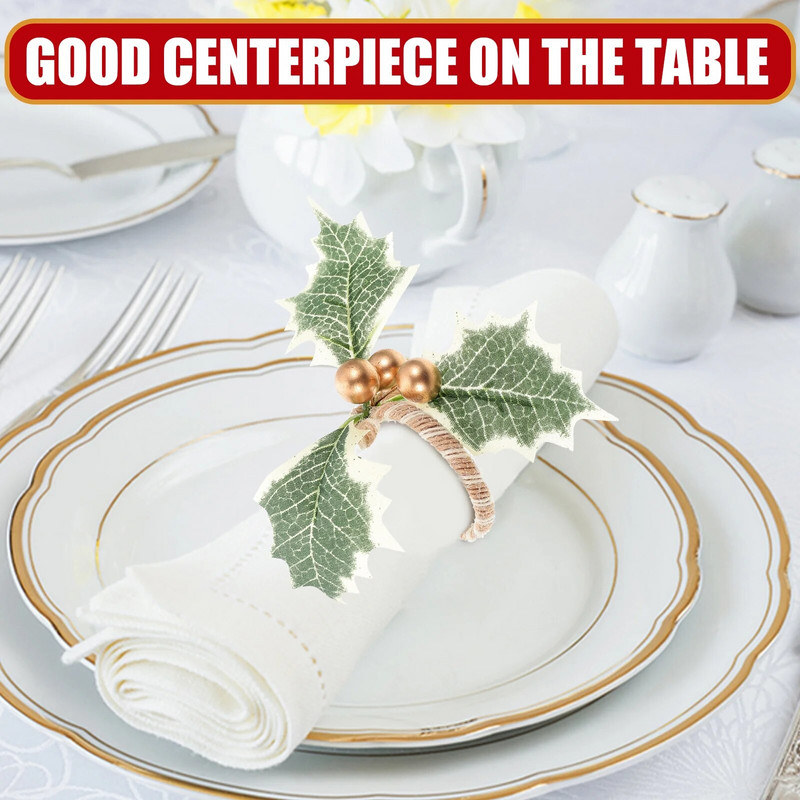 Ziemassvētku salvešu gredzeni, imitēti zaļās lapas, ogu salvešu sprādzes, turētājs Ziemassvētku ballīšu galda noformējums Navidad