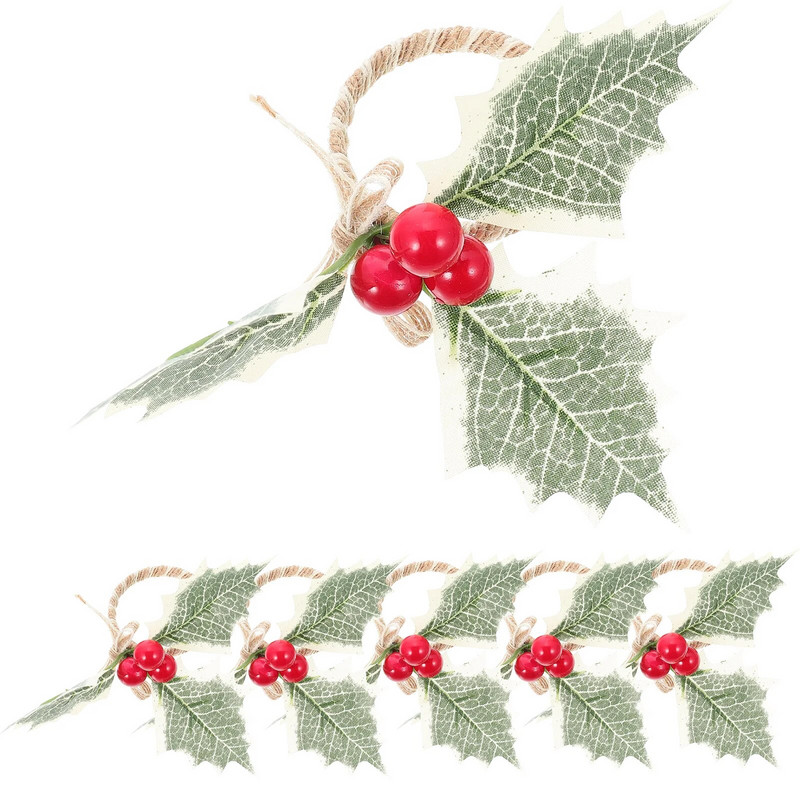 Ziemassvētku salvešu gredzeni, imitēti zaļās lapas, ogu salvešu sprādzes, turētājs Ziemassvētku ballīšu galda noformējums Navidad