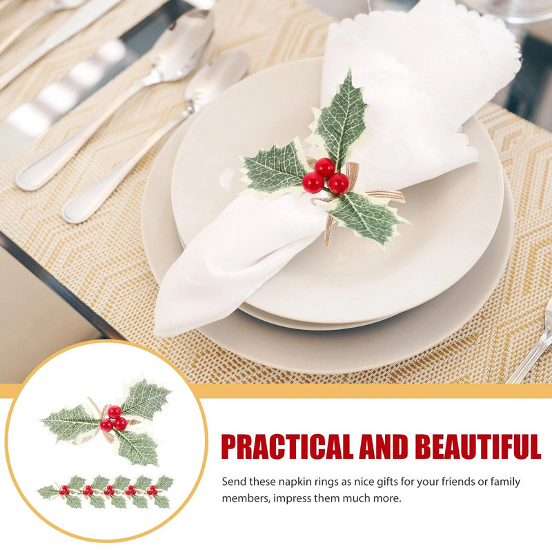 Ziemassvētku salvešu gredzeni, imitēti zaļās lapas, ogu salvešu sprādzes, turētājs Ziemassvētku ballīšu galda noformējums Navidad