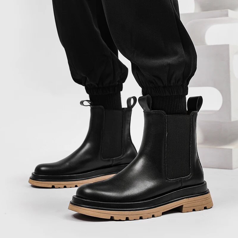 Klasiski Chelsea vīriešu zābaki britu stila ādas zābaki piedurknēm, vidēji augšpusē, taisni zābaki Modes platforma, augstas augšdaļas luksusa kvalitāte