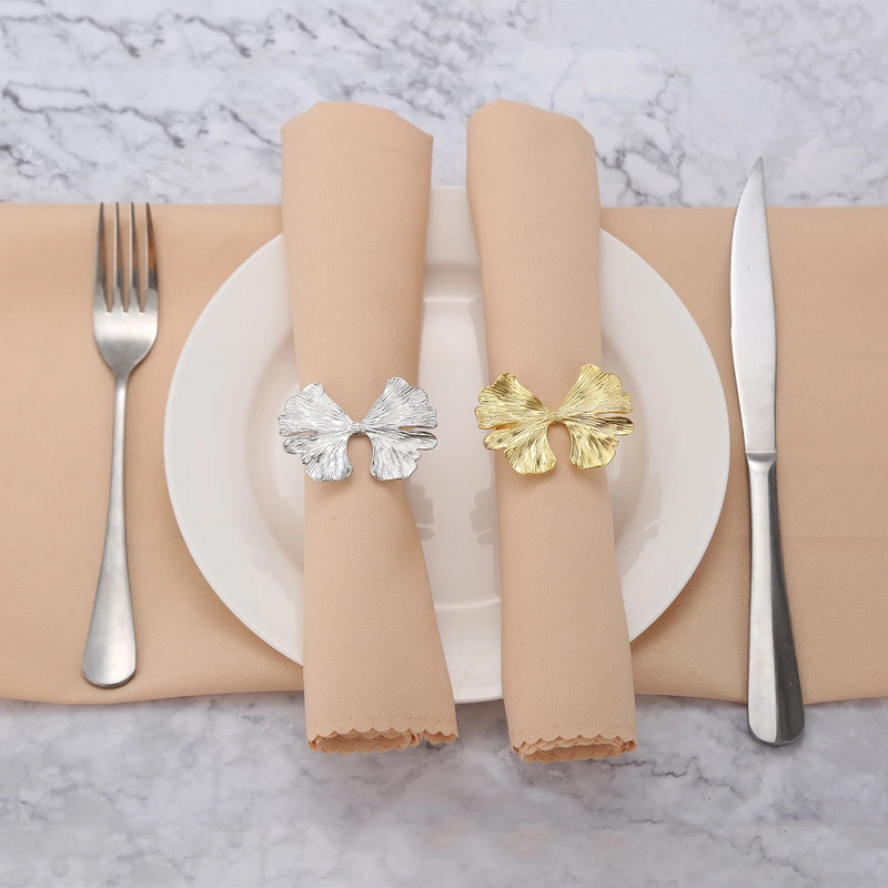 6Gb Ginkgo lapu salvešu gredzeni Metāla salvešu auduma sprādžu turētāji Papīra dvieļu gredzens viesnīcas kāzu ballīšu vakariņu galda dekorēšanai