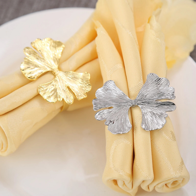 6Gb Ginkgo lapu salvešu gredzeni Metāla salvešu auduma sprādžu turētāji Papīra dvieļu gredzens viesnīcas kāzu ballīšu vakariņu galda dekorēšanai