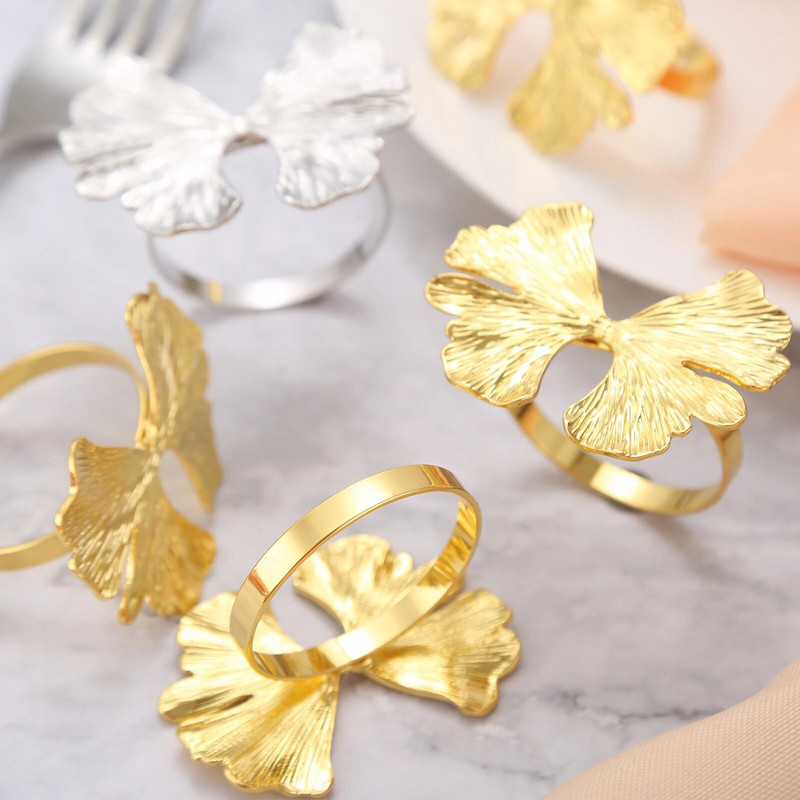 6Gb Ginkgo lapu salvešu gredzeni Metāla salvešu auduma sprādžu turētāji Papīra dvieļu gredzens viesnīcas kāzu ballīšu vakariņu galda dekorēšanai