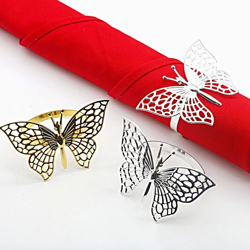 6 gab Butterfly Salvetes Gredzeni Zelta Sudraba Krāsa Turētājs Gredzena Salvete Kāzu pusdienu galda banketu centrālais ballīšu piederumi