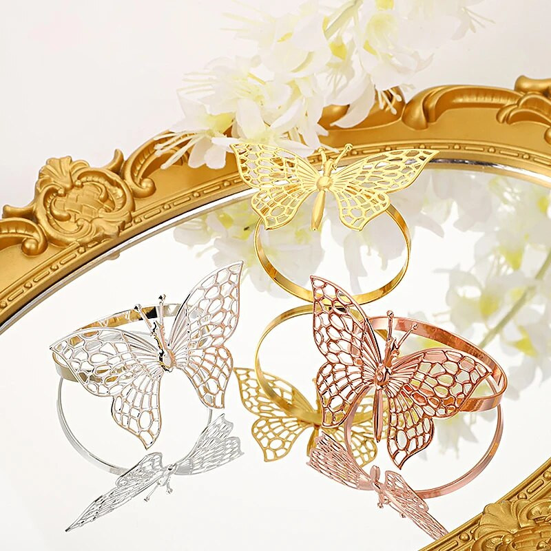 6 gab Butterfly Salvetes Gredzeni Zelta Sudraba Krāsa Turētājs Gredzena Salvete Kāzu pusdienu galda banketu centrālais ballīšu piederumi