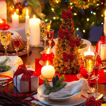 8 пръстена за държач за салфетки с червен лък, кадифена лък Коледна катарама за държач за салфетки Декорация на маса за коледно празнично парти Вечеря Издръжлив
