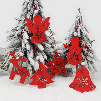 HUADODO 6 бр. Червено и бяло дървено дърво Елен Снежен човек Коледни декорации Висулки Орнаменти за коледно дърво Домашно парти Детски подарък