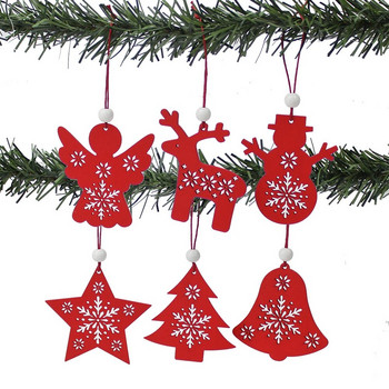 HUADODO 6 бр. Червено и бяло дървено дърво Елен Снежен човек Коледни декорации Висулки Орнаменти за коледно дърво Домашно парти Детски подарък
