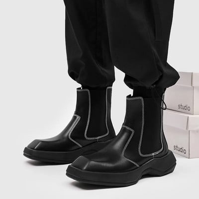 Ανδρικά Split Leather Platform Ankle Boots Fashion Ανδρικά Sqaure Toe Μπότες Chelsea Slip On Μοτοσικλέτας Όμορφα Streetwear