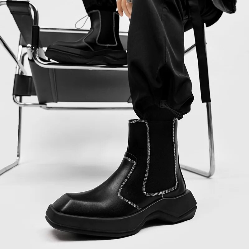 Ανδρικά Split Leather Platform Ankle Boots Fashion Ανδρικά Sqaure Toe Μπότες Chelsea Slip On Μοτοσικλέτας Όμορφα Streetwear